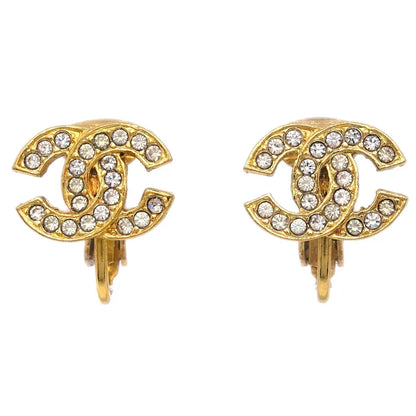 Chanel Gold CC Earrings Clip-On Rhinestone