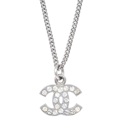 Chanel Rhinestone CC Chain Necklace Pendant Silver 07V