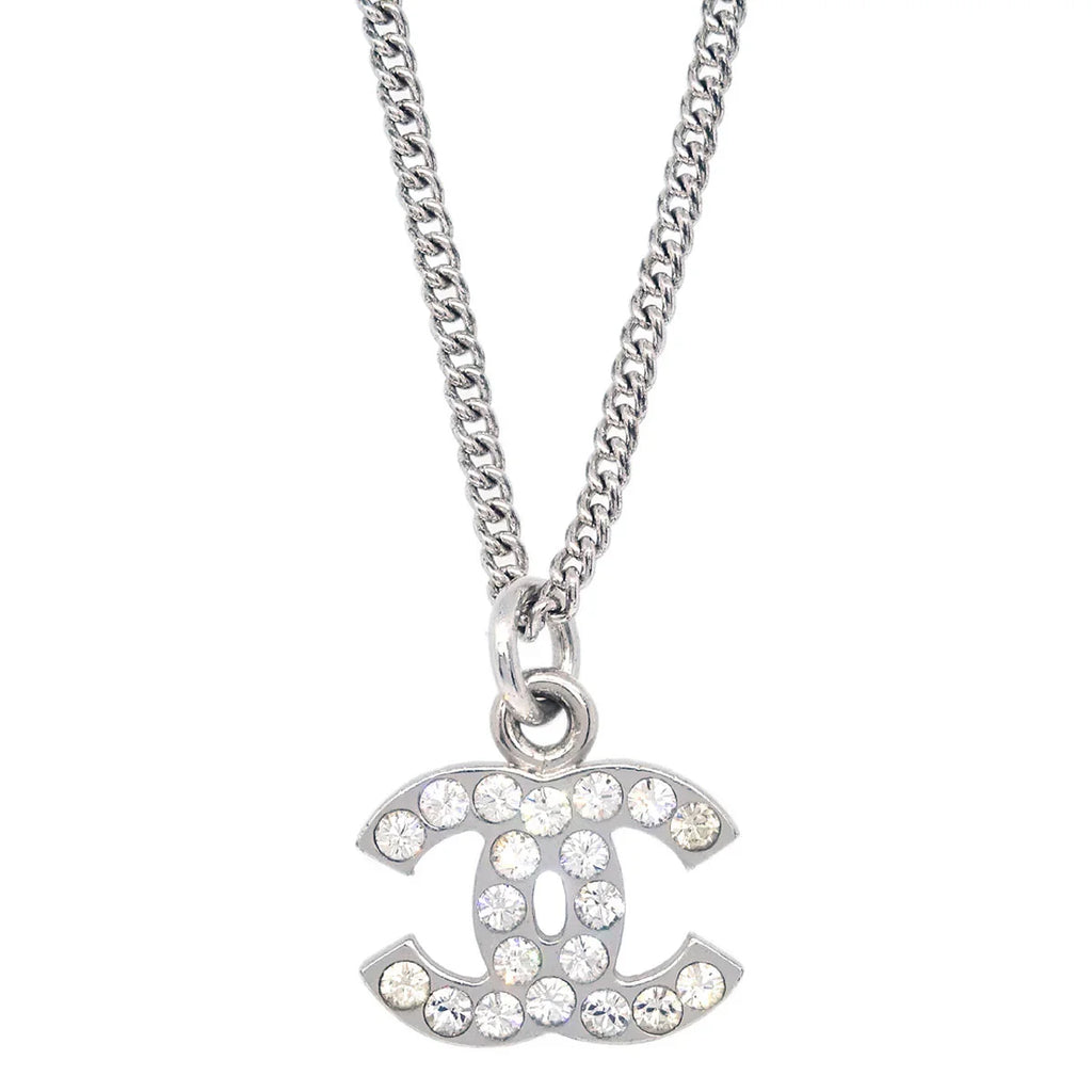 Chanel CC Chain Necklace Pendant Rhinestone Silver 07V