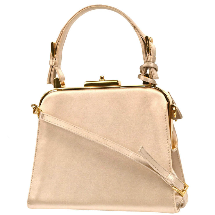 Prada Champagne Gold Satin Frame 2way Shoulder Handbag