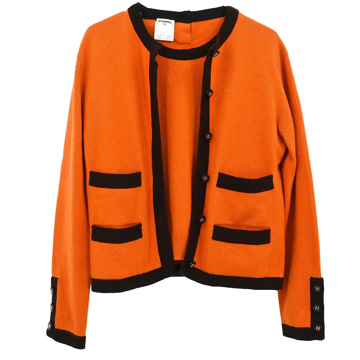 Chanel 1996 Ensemble Cardigan Short Sleeve Top Orange #40