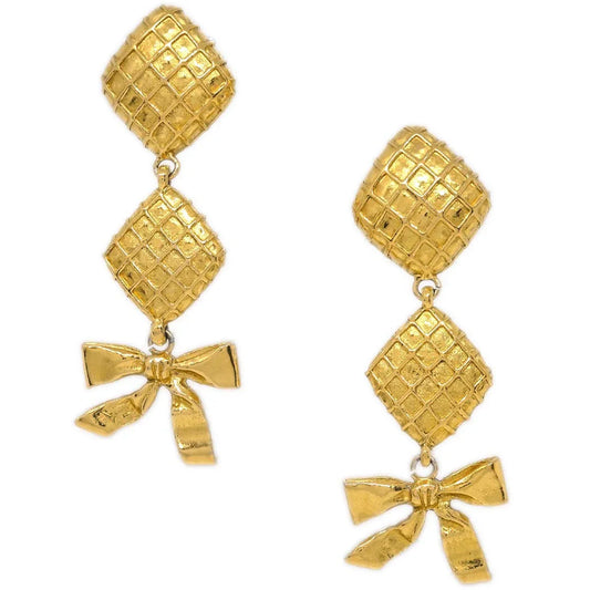 Chanel Dangle Earrings Bow Rhombus Clip-On Gold