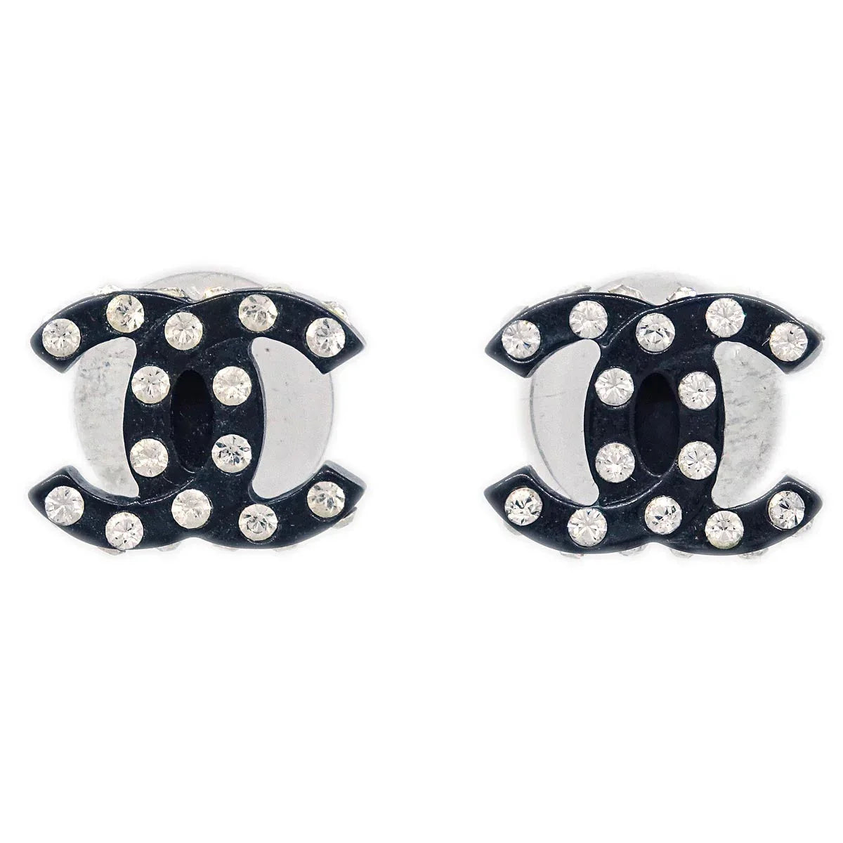 Chanel CC Piercing Earrings Silver Black Rhinestone 04A