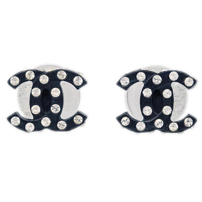 Chanel CC Piercing Earrings Silver Black Rhinestone 04A