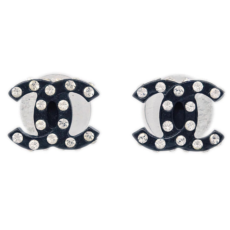 Chanel CC Piercing Earrings Silver Black Rhinestone 04A