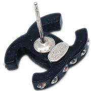 Chanel CC Piercing Earrings Silver Black Rhinestone 04A