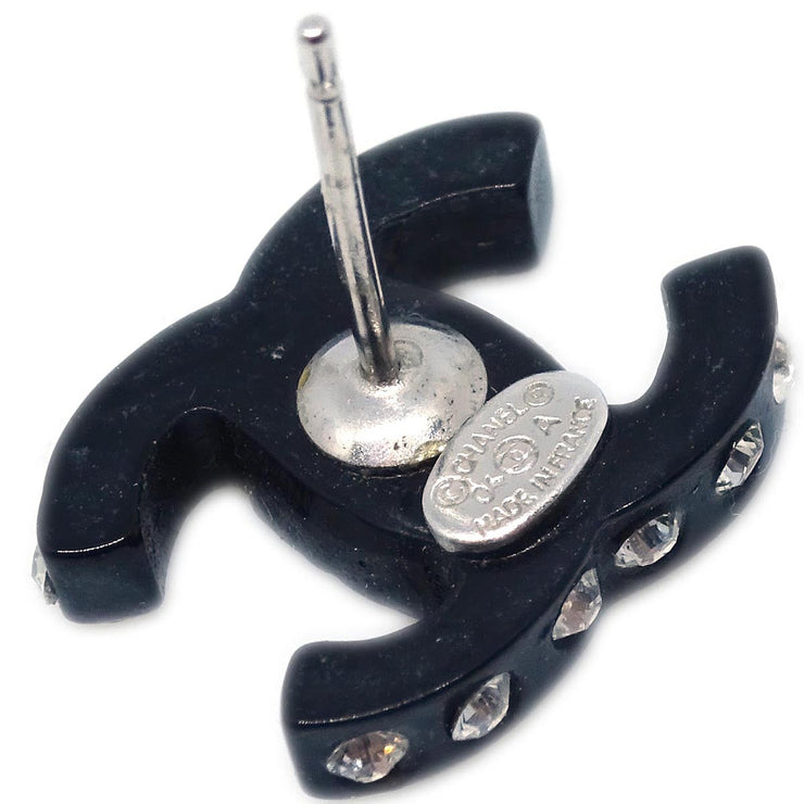 Chanel CC Piercing Earrings Silver Black Rhinestone 04A