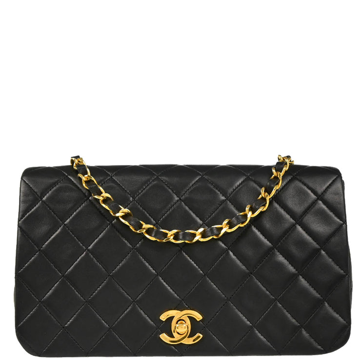Chanel 1989-1991 Black Lambskin Turnlock Small Full Flap Shoulder Bag