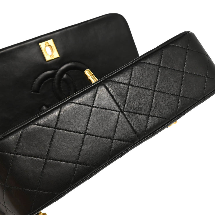Chanel 1989-1991 Black Lambskin Turnlock Small Full Flap Shoulder Bag