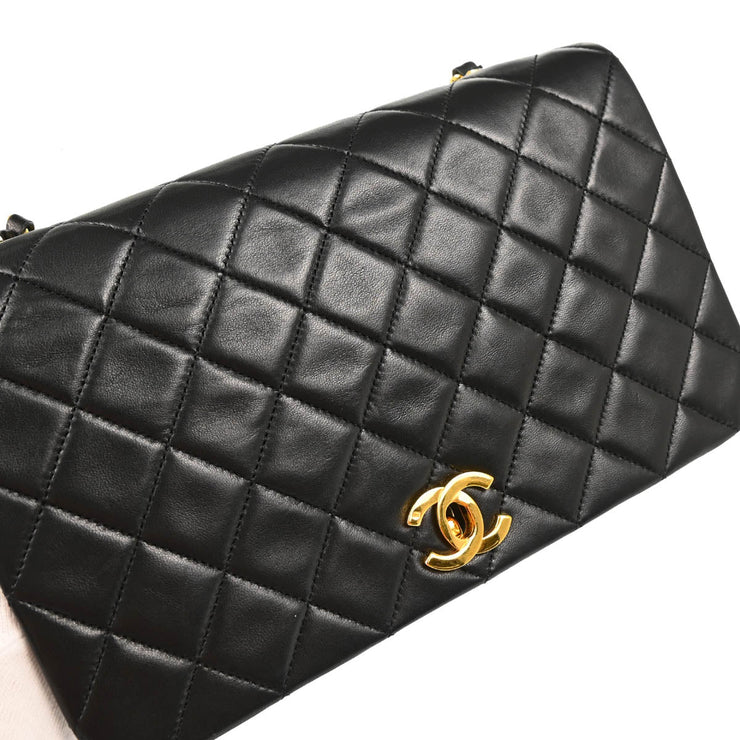 Chanel 1989-1991 Black Lambskin Turnlock Small Full Flap Shoulder Bag