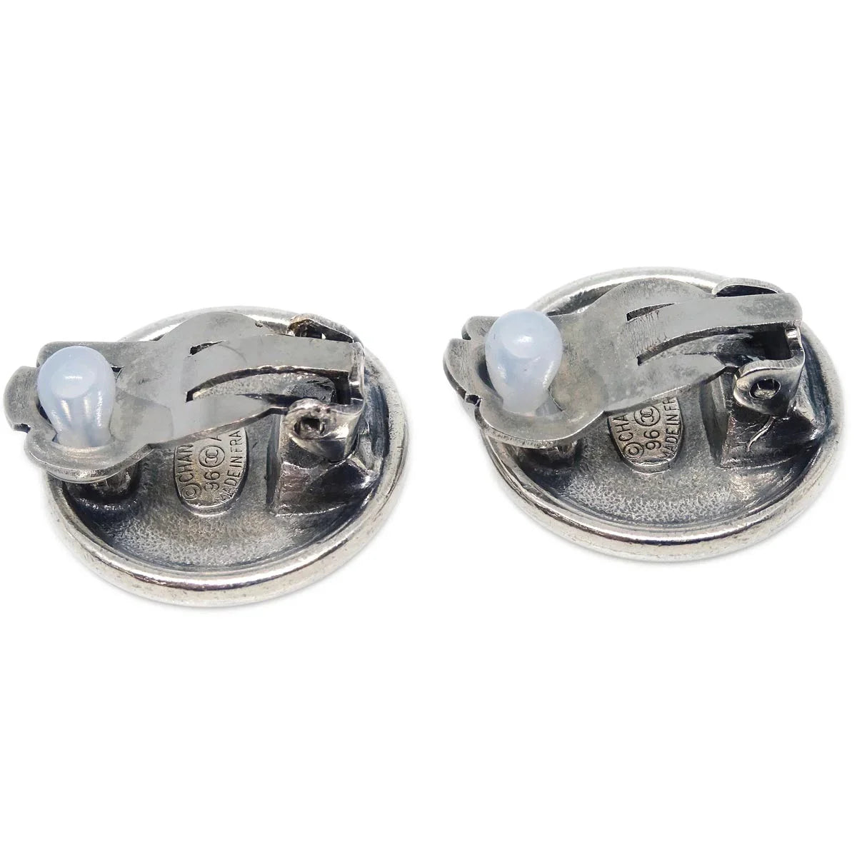 Chanel Button Earrings Clip-On Silver 96A