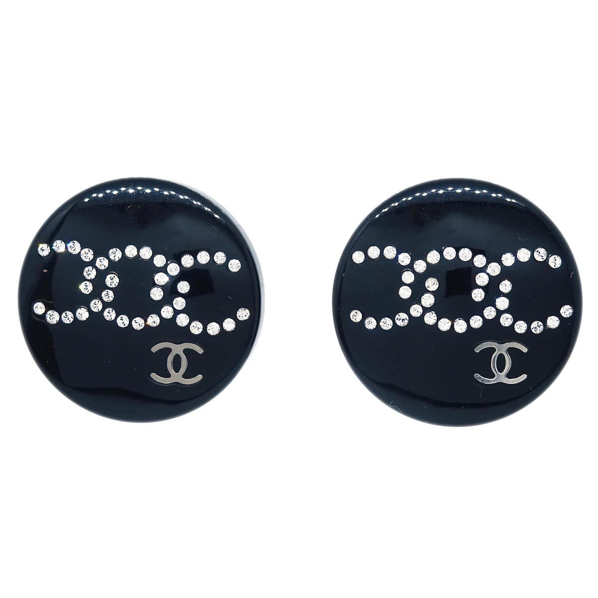 Chanel Button Piercing Earrings Black Rhinestone D19S