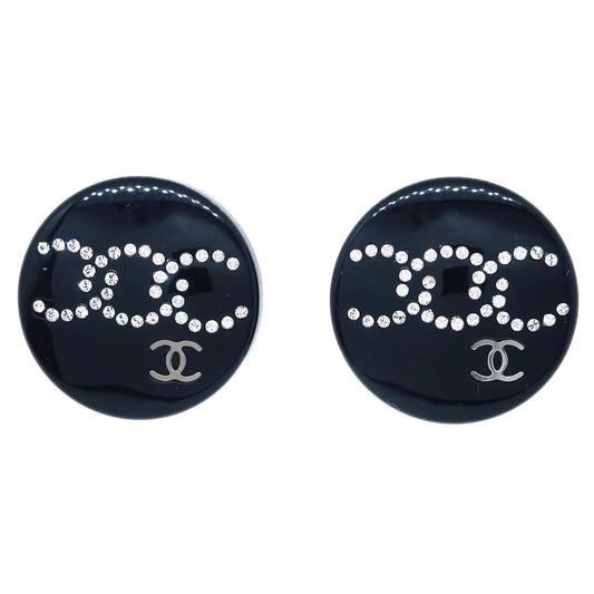 Chanel Button Piercing Earrings Black Rhinestone D19S