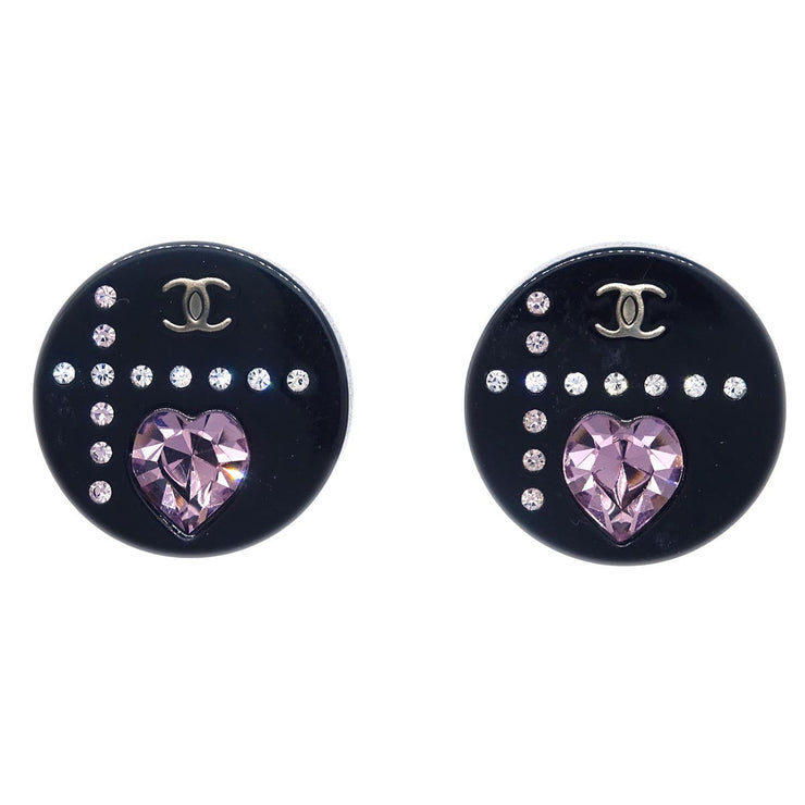 Chanel Button Piercing Earrings Black Rhinestone 04A