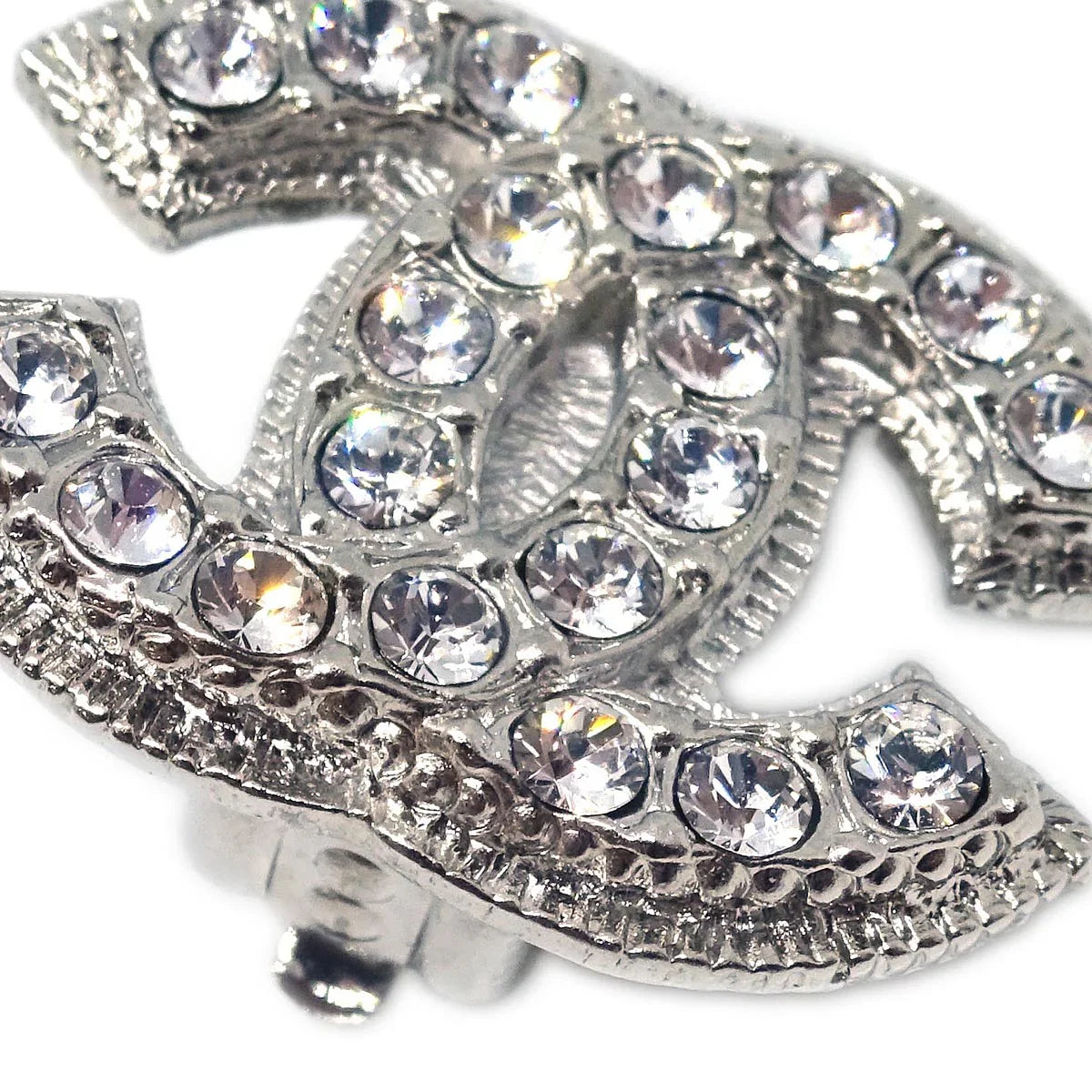 Chanel CC Earrings Clip-On Silver Rhinestone 09A