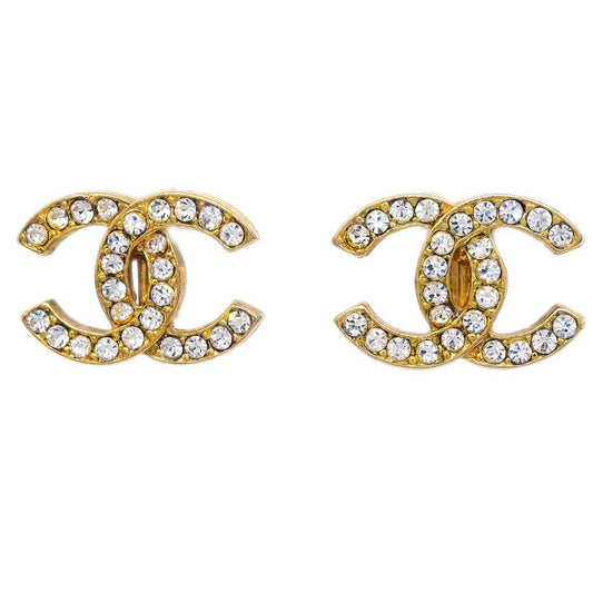 Chanel Gold CC Earrings Clip-On Rhinestone 2084