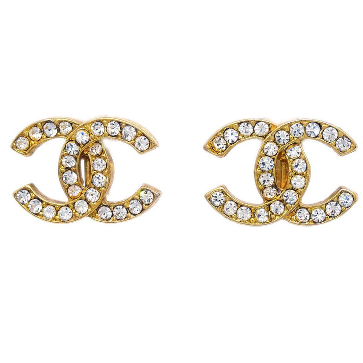 Chanel Gold CC Earrings Clip-On Rhinestone 2084