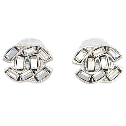 Chanel CC Piercing Earrings Silver Rhinestone 01P