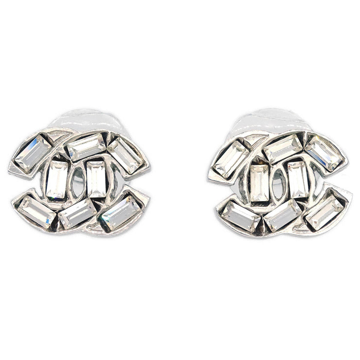 Chanel CC Piercing Earrings Silver Rhinestone 01P