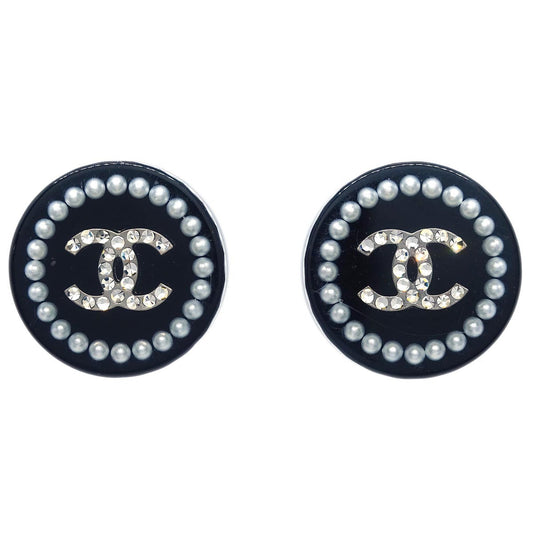 Chanel Button Piercing Earrings Black Rhinestone Costume Pearl 14C
