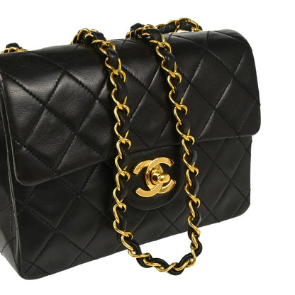 Chanel 1994-1996 Black Lambskin Mini Classic Square Flap Shoulder Bag