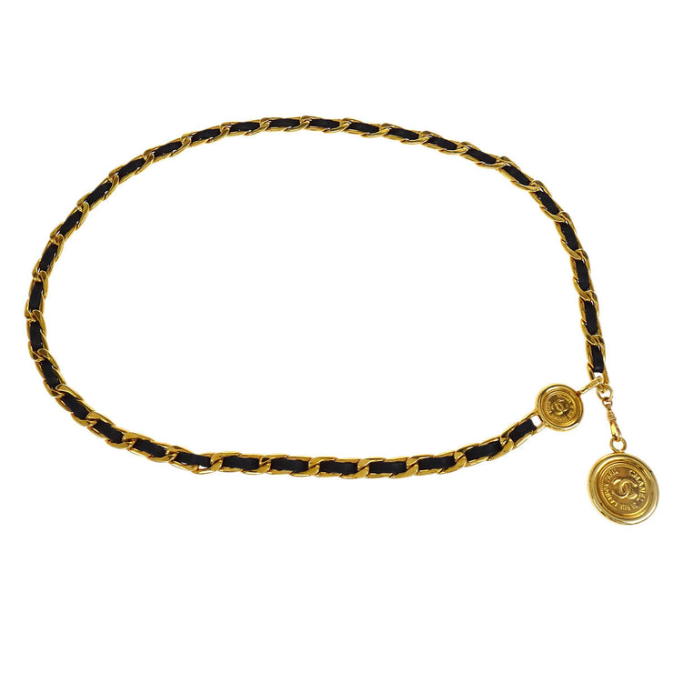 Chanel Gold Black Medallion Chain Belt 96P Small Good