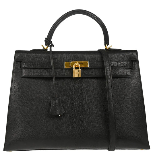 Hermes 2001 Black Coromandel Kelly 35 Sellier 2way Shoulder Handbag