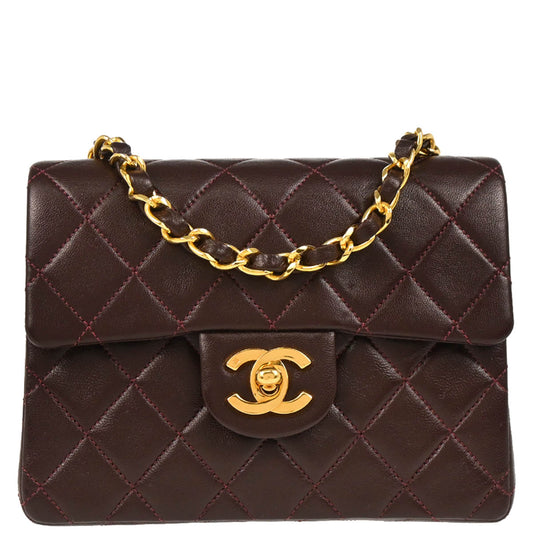 Chanel 1989-1991 Bordeaux Lambskin Mini Classic Square Flap Shoulder Bag