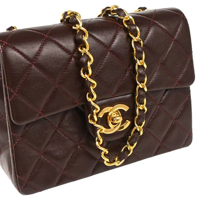 Chanel 1989-1991 Bordeaux Lambskin Mini Classic Square Flap Shoulder Bag