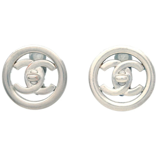 Chanel Turnlock Button Earrings Clip-On Silver 97P