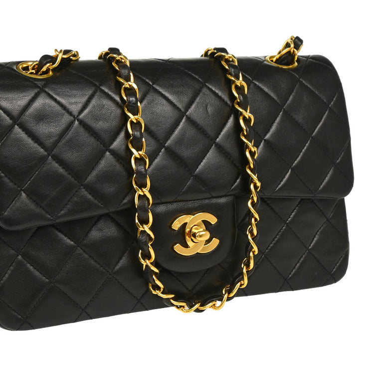 Chanel 1991-1994 Black Lambskin Small Classic Double Flap Shoulder Bag
