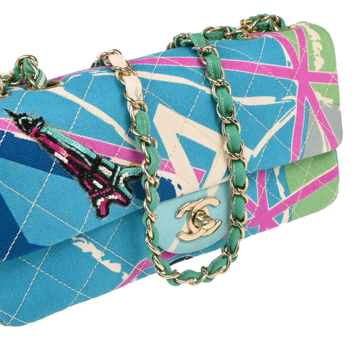 Chanel 2005-2006 Blue Canvas Paris Map Single Flap Shoulder Bag