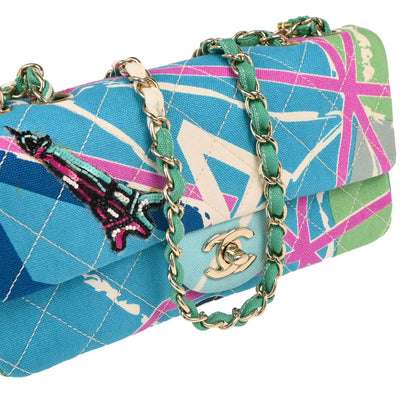 Chanel 2005-2006 Blue Canvas Paris Map Single Flap Shoulder Bag