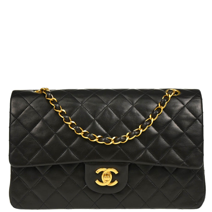 Chanel 1991-1994 Black Lambskin Medium Classic Double Flap Shoulder Bag