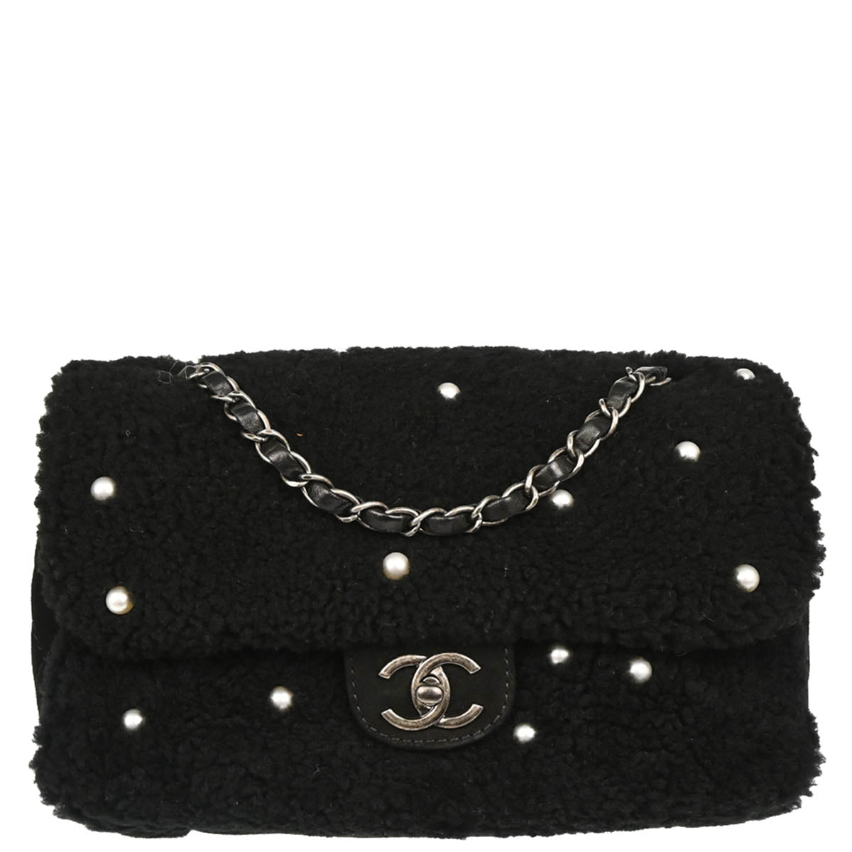 Chanel 2014-2015 Black Wool Costume Pearl Shoulder Bag