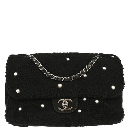 Chanel 2014-2015 Black Wool Costume Pearl Shoulder Bag
