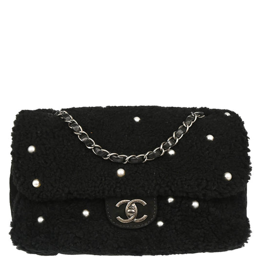 Chanel 2014-2015 Black Wool Costume Pearl Shoulder Bag