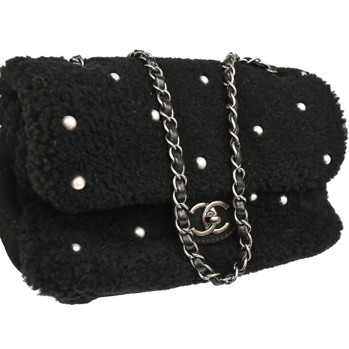 Chanel 2014-2015 Black Wool Costume Pearl Shoulder Bag
