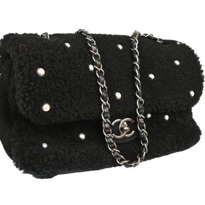 Chanel 2014-2015 Black Wool Costume Pearl Shoulder Bag