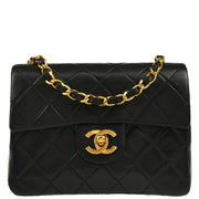 Chanel 1989-1991 Black Lambskin Mini Classic Square Flap Shoulder Bag