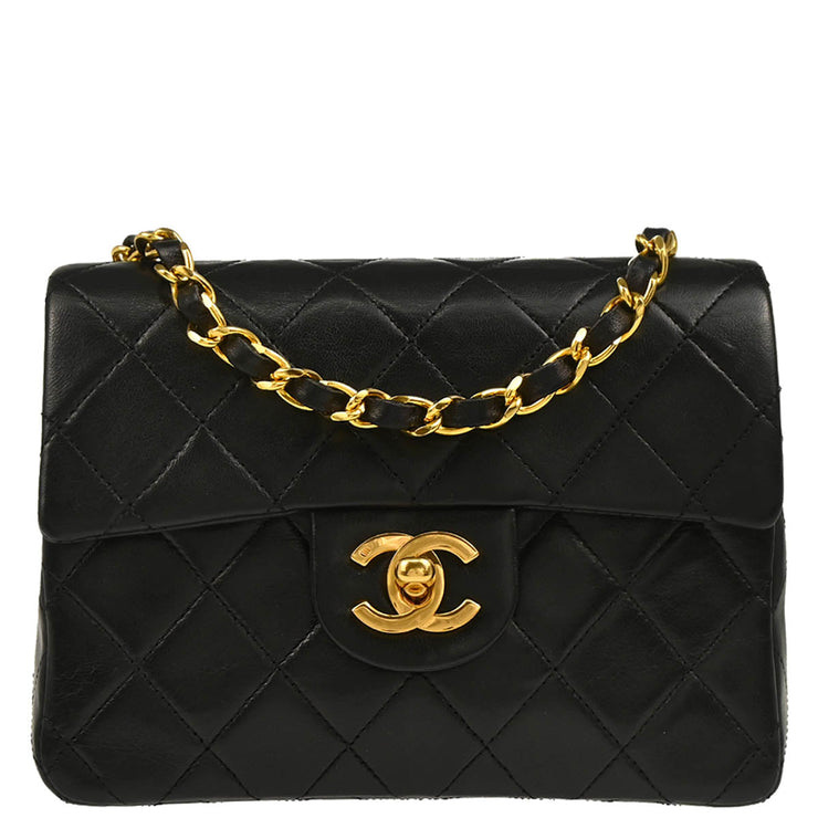 Chanel 1989-1991 Black Lambskin Mini Classic Square Flap Shoulder Bag