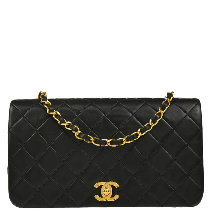 Chanel 1989-1991 Black Lambskin Turnlock Small Full Flap Shoulder Bag