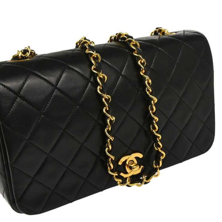 Chanel 1989-1991 Black Lambskin Turnlock Small Full Flap Shoulder Bag