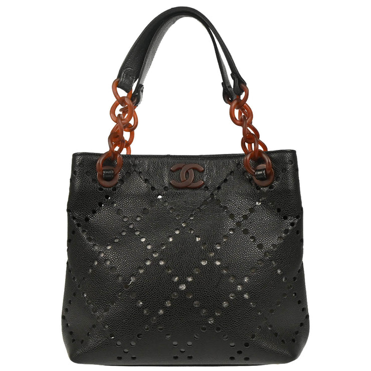 Chanel 2003-2004 Black Perforated Caviar Tote Chain Handbag