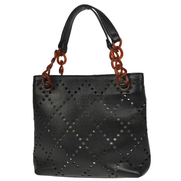 Chanel 2003-2004 Black Perforated Caviar Tote Chain Handbag