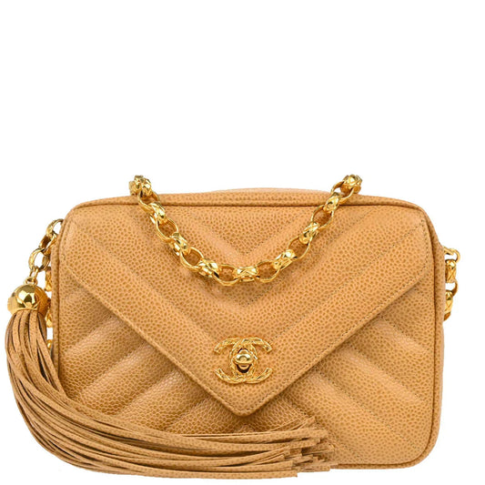 Chanel 1991-1994 Beige Caviar Chevron Camera Bag Mini