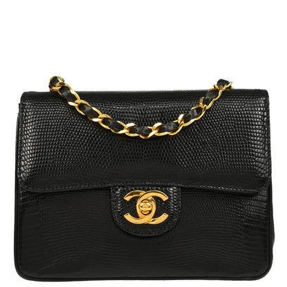 Chanel * 1986-1988 Black Lizard Mini Classic Square Flap Shoulder Bag