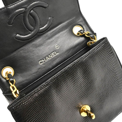Chanel * 1986-1988 Black Lizard Mini Classic Square Flap Shoulder Bag