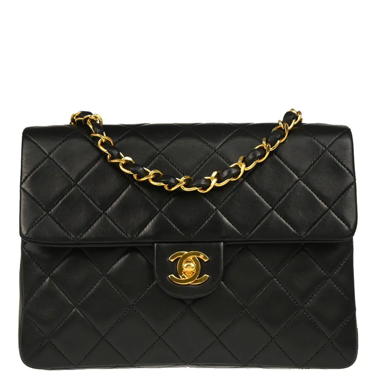 Chanel 1989-1991 Black Lambskin Classic Square Flap Shoulder Bag