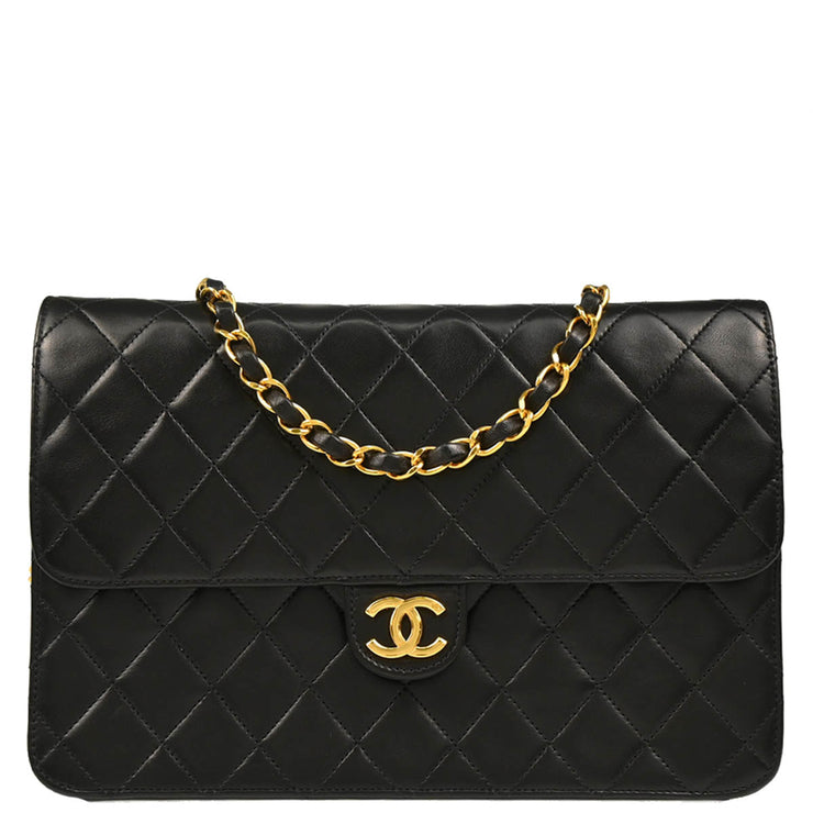 Chanel 1994-1996 Black Lambskin Pushlock Medium Half Flap Shoulder Bag
